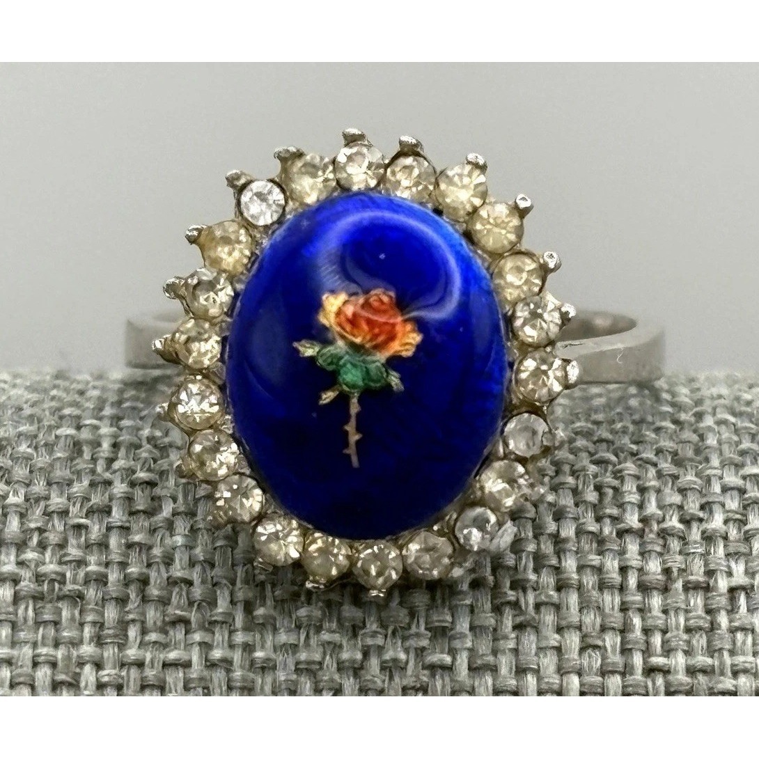 Vtg 800 Silver Blue Art Glass Rose Cabochon Rhinestone Crystal Statement Ring 8